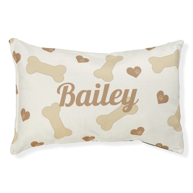 Bones and Hearts Beige Brown Pattern Personalised Pet Bed (Front)