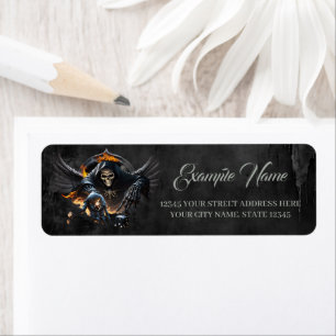 Bones and magic, skeleton with the mystical dice.  label