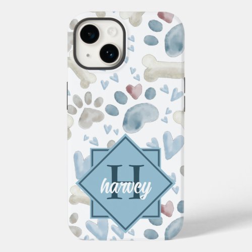 Bones and Paw Prints Monogrammed Blue Grey Case_Mate iPhone 14 Case