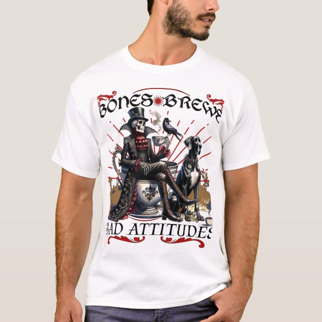 Bones, Brews and Bad Attitudes Skeleton Coffee Dog T-Shirt (Front)