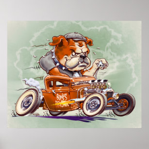 Bones Brigade - Bulldog in Hot Rod - Cartoon - Poster