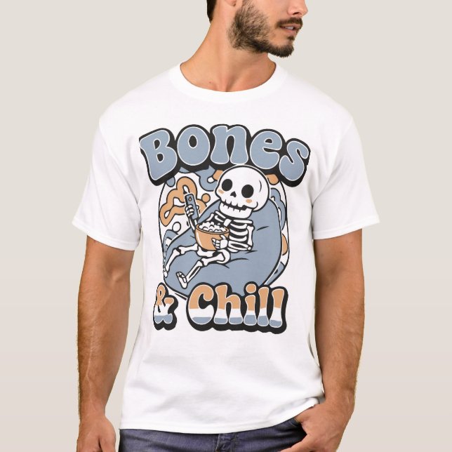 Bones & Chill Funny Skeleton Relaxing on Bean Bag T-Shirt (Front)