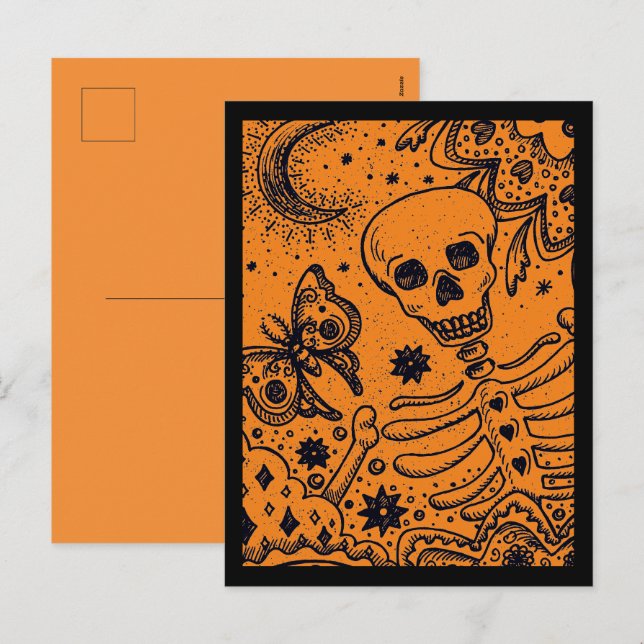 BONES IN THE GARDEN SKELETON, FOLK ART MOON MOTH H HOLIDAY POSTCARD (Front/Back)