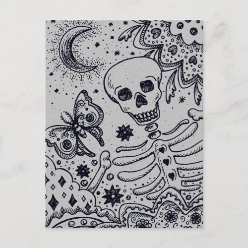 BONES IN THE GARDEN SKELETON, FOLK ART MOON MOTH HOLIDAY POSTCARD