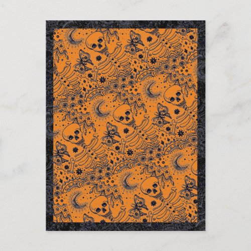 BONES IN THE GARDEN SKELETON, FOLK ART MOON MOTH HOLIDAY POSTCARD