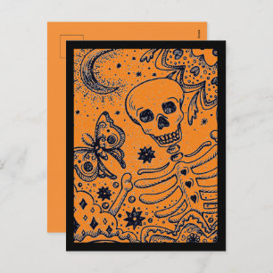 BONES IN THE GARDEN SKELETON, FOLK ART MOON MOTH HOLIDAY POSTCARD