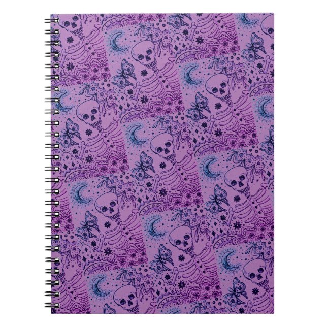 BONES IN THE GARDEN SKELETON, FOLK ART MOON, MOTH NOTEBOOK (Front)