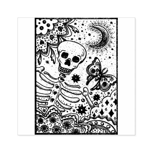 BONES IN THE GARDEN SKELETON FOLK ART MOON MOTH RUBBER STAMP