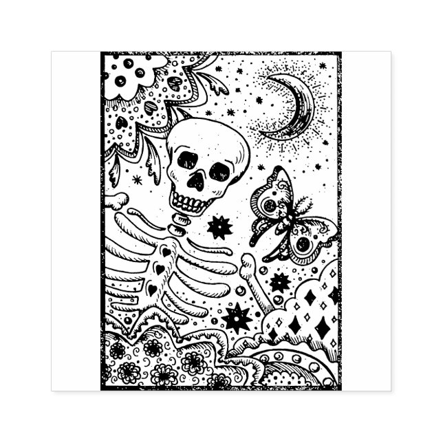 BONES IN THE GARDEN SKELETON, FOLK ART MOON MOTH RUBBER STAMP (Imprint)