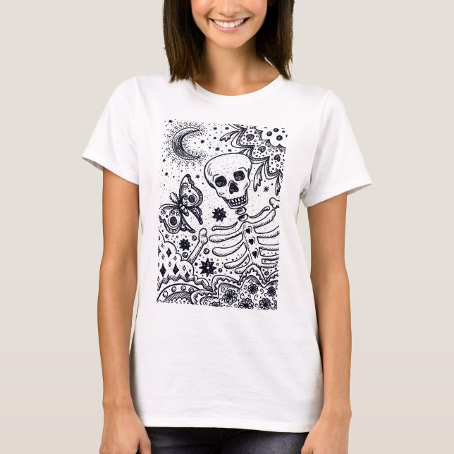 BONES IN THE GARDEN SKELETON, FOLK ART MOON, MOTH T-Shirt (Front)