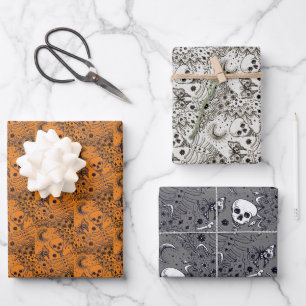 BONES IN THE GARDEN SKELETON, FOLK ART MOON, MOTH WRAPPING PAPER SHEETS