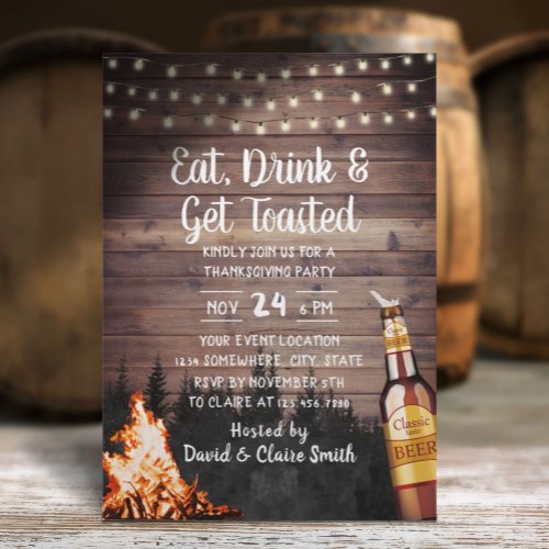 Bonfire  Beer Rustic Forest Thanksgiving Invitation