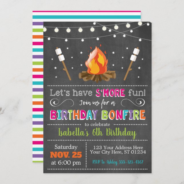 Bonfire Birthday Invitation | Backyard, Camping (Front/Back)