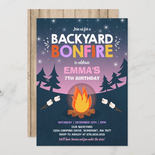 Bonfire Birthday Invitation Bonfire Camping Party (Front/Back)