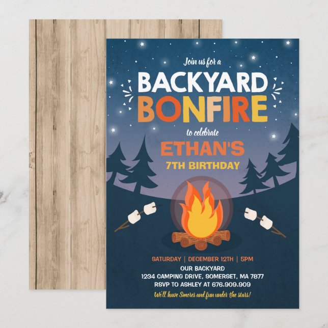 Bonfire Birthday Invitation Bonfire Camping Party (Front/Back)