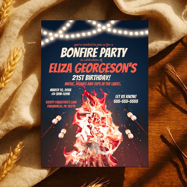 Bonfire Birthday Party Rustic Fire and Marshmallow Invitation (Bonfire Birthday Party Rustic Fire and Marshmallow Invitation)