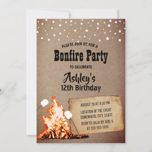 Bonfire Birthday Party Rustic Kraft Invitation