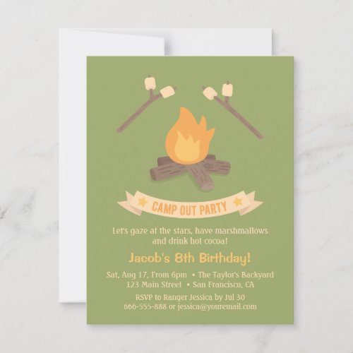 Bonfire Camp Out Kids Birthday Party Invitations