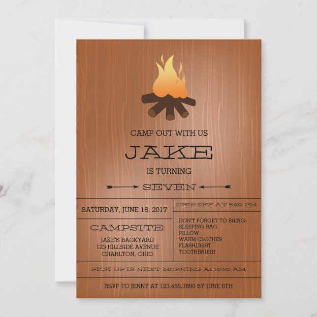 Bonfire Camping Out Birthday Party Invitations (Front)