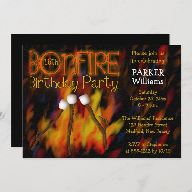 Bonfire Marshmellow Roast 16th Birthday Party Invitation (Front/Back)