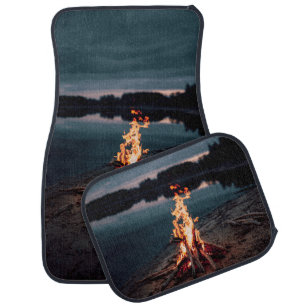 Bonfire near body of water during night time car floor mat