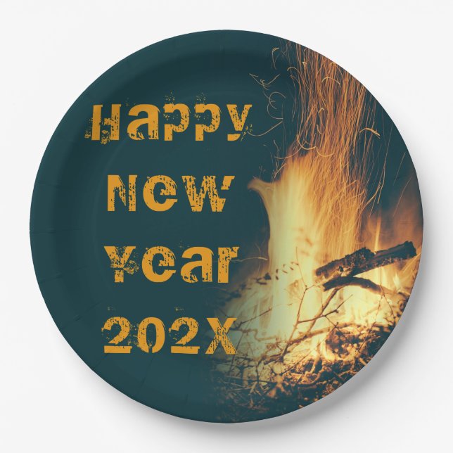 Bonfire New Year's Eve Party Text Paper Plates (Front)
