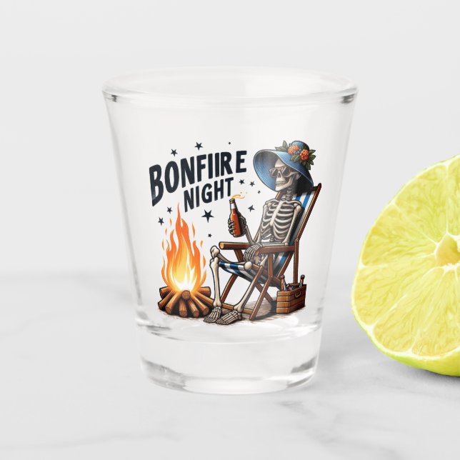 Bonfire Night - Skeleton Drinking by the Fire Shot Glass (Front)