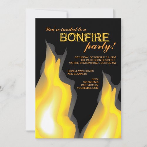 Bonfire Party Campfire Flames on Black Invitation
