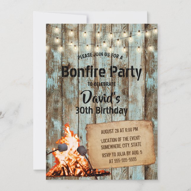 Bonfire Party Rustic String Light Barn Birthday Invitation (Front)