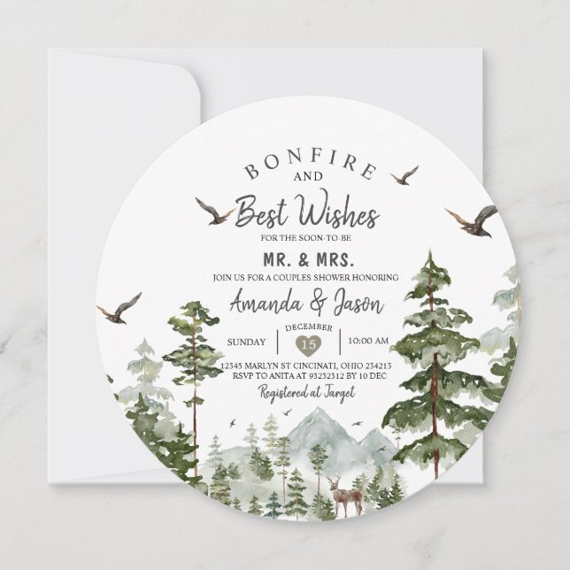 Bonfire Pine Tree Woodland Couple Shower Invitation (Front)