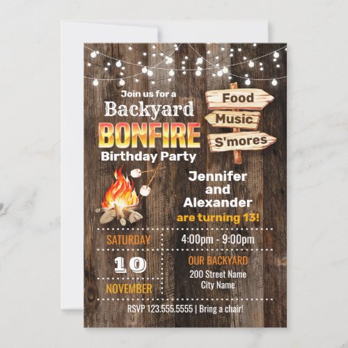 Bonfire Siblings Birthday Party Invitation