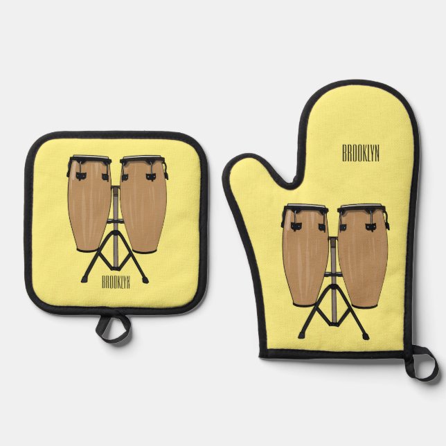 Bongo drum cartoon illustration  oven mitt & pot holder set (Front)