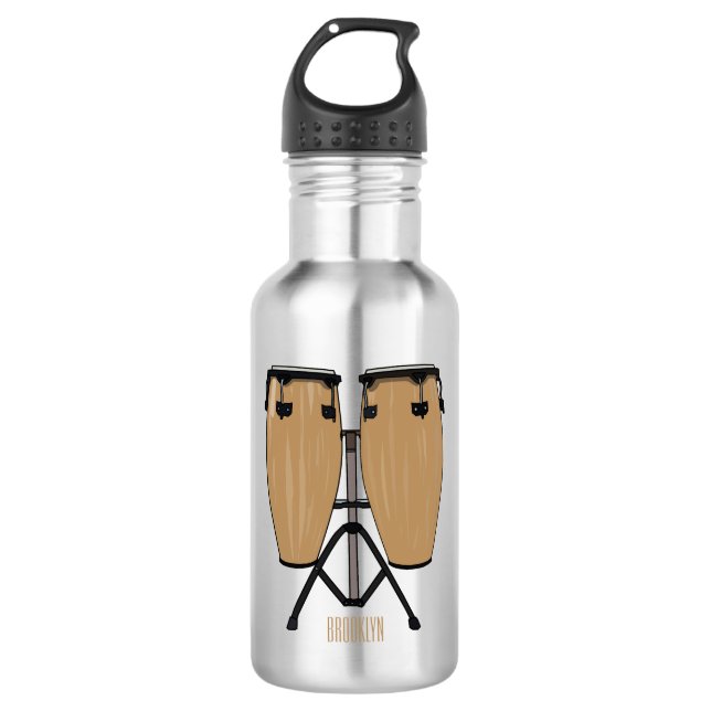Bongo drum cartoon illustration  stainless steel water bottle (Front)