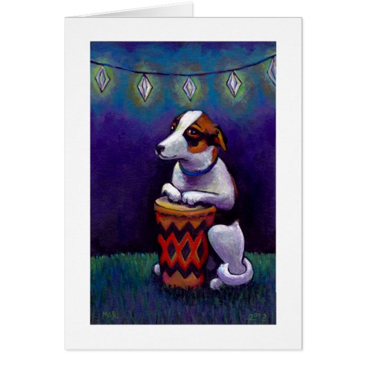 Bongo drum playing dog fun original drumming art cards (Front)