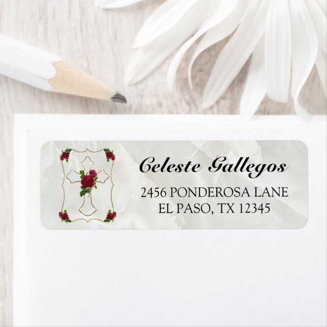 Bonita Bautisma de Niñas Con Cruz de Oro Rosa Roja Label (Insitu)