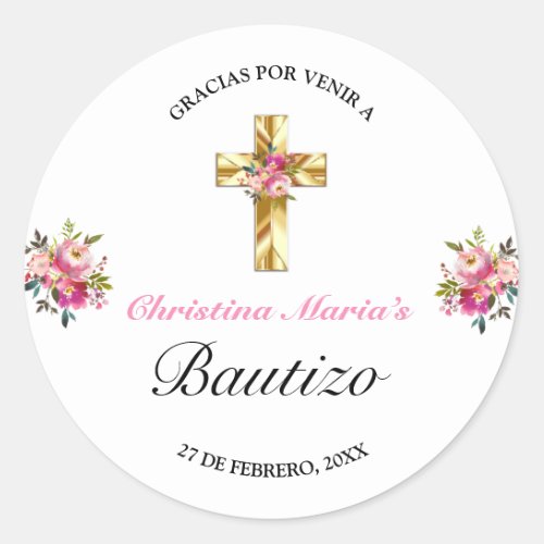 Bonito Rosa Floral Oro Cruz Bautismo Gracias Classic Round Sticker