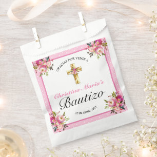 Bonito Rosa Floral Oro Cruz Bautismo Gracias Favor Bag