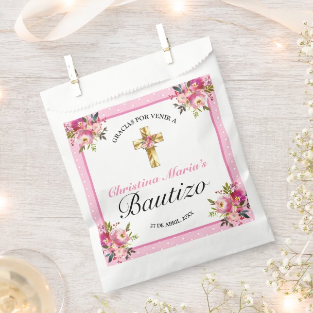 Bonito Rosa Floral Oro Cruz Bautismo Gracias  Favor Bag (Clipped)