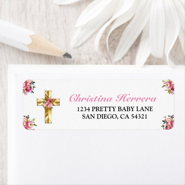 Bonito Rosa Floral Oro Cruz Bautismo  Label (Insitu)