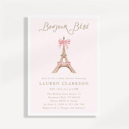 Bonjour Baby Paris Eiffel Tower Pink Bow Baby Show Invitation