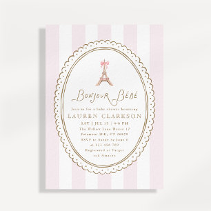Bonjour Baby Pink Bow Eiffel Tower Baby Shower Invitation