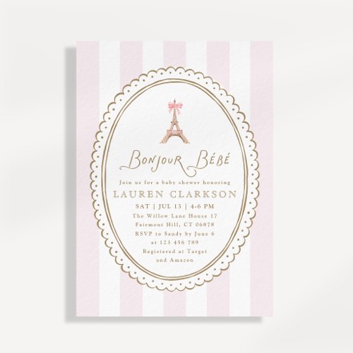 Bonjour Baby Pink Bow Eiffel Tower Baby Shower  Invitation