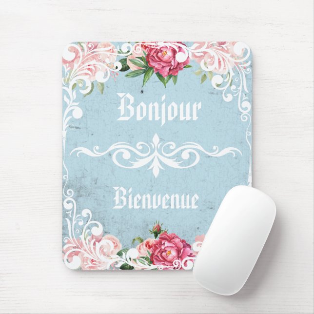 Bonjour Beautiful romantic frenchy artwork Flowers Mouse Pad (With Mouse)