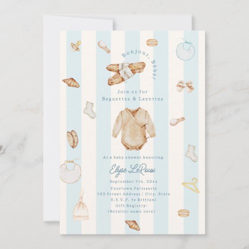 Bonjour Bébé Baguettes Layettes French Boy Baby Invitation