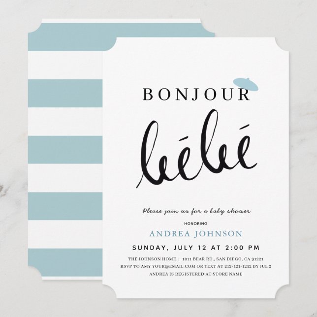 Bonjour Bebe Blue Beret Simple Boy Baby Shower Invitation (Front/Back)