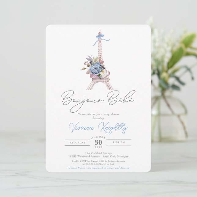 Bonjour Bebe, Blue Floral Eiffel Paris Baby Shower Invitation (Standing Front)