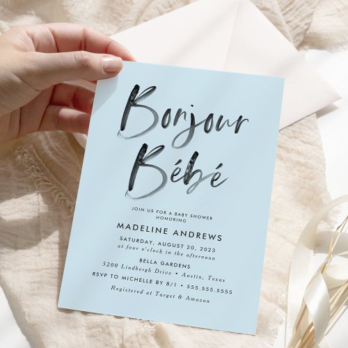 Bonjour Bebe Blue French Baby Shower Invitation