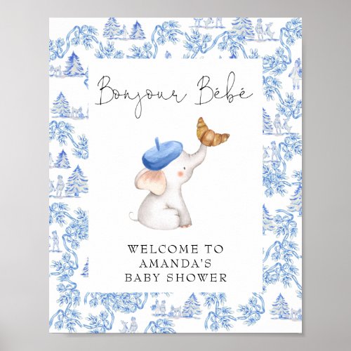 Bonjour Bebe Blue French Boy Welcome Baby Shower Poster