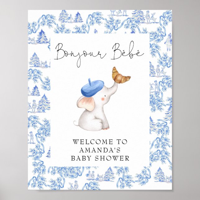 Bonjour Bebe Blue French Boy Welcome Baby Shower Poster (Front)