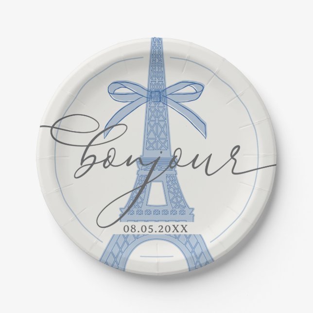 Bonjour Bébé Blue Paris Eiffel Baby Shower Paper Plates (Front)